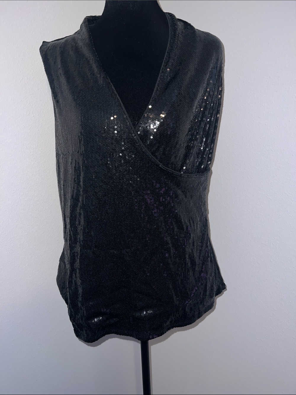 White House Black Market Black Sequin Wrap-Front Camisole Top